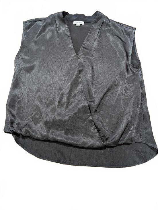 Calvin Klein Tops - Calvin Klein Black Satin Faux Wrap Top Blouse Size L Flawless EUC
